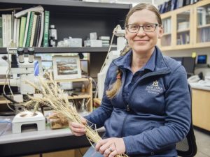 Photo of Mary Burrows with wheat