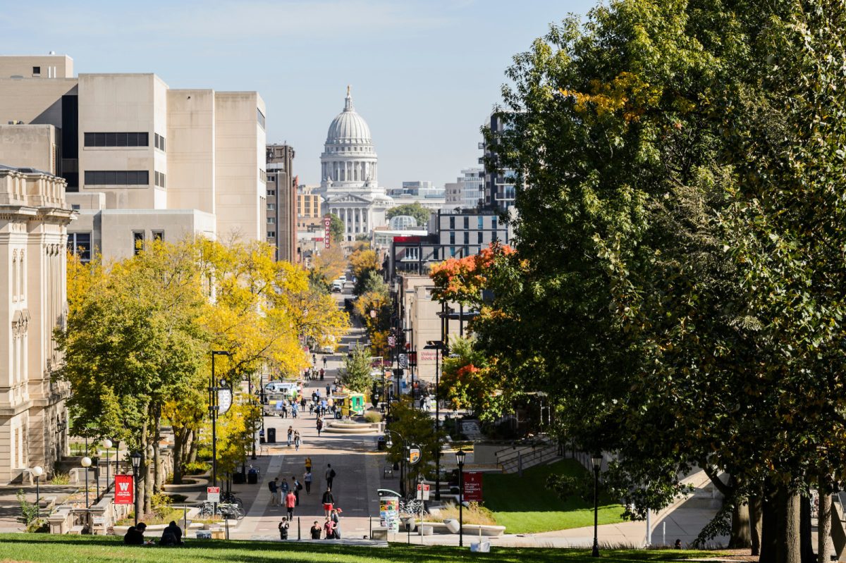 Photo taken from Bascom Hill looking down Library Mall and State Street, toward the Capitol Building in the distance.