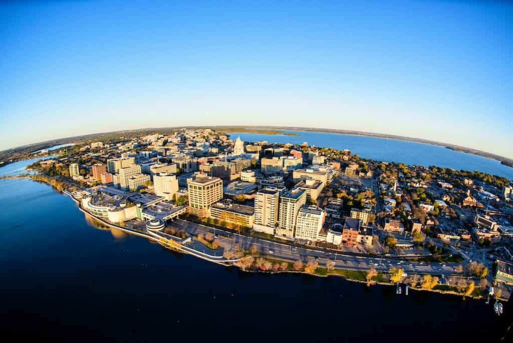 An aerial view of downtown Madison from the southeast.