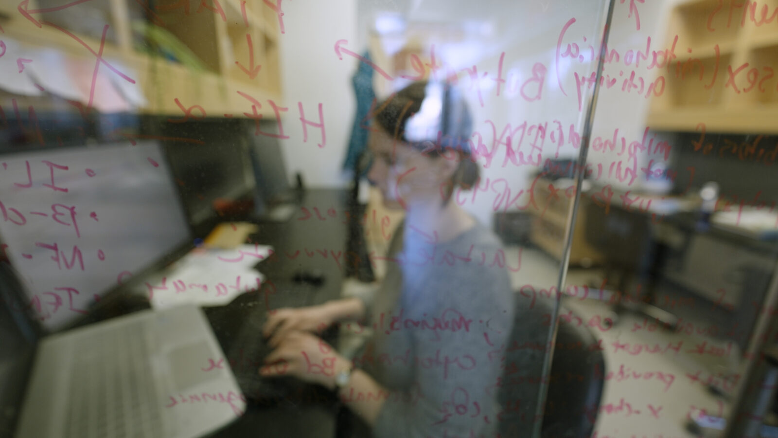 Student working on computer behind glass with formulas written.